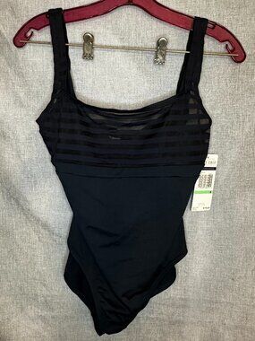 NWT Anne Cole Mesh Contrast Trim One Piece Swimsuit Navy blue Women's 8